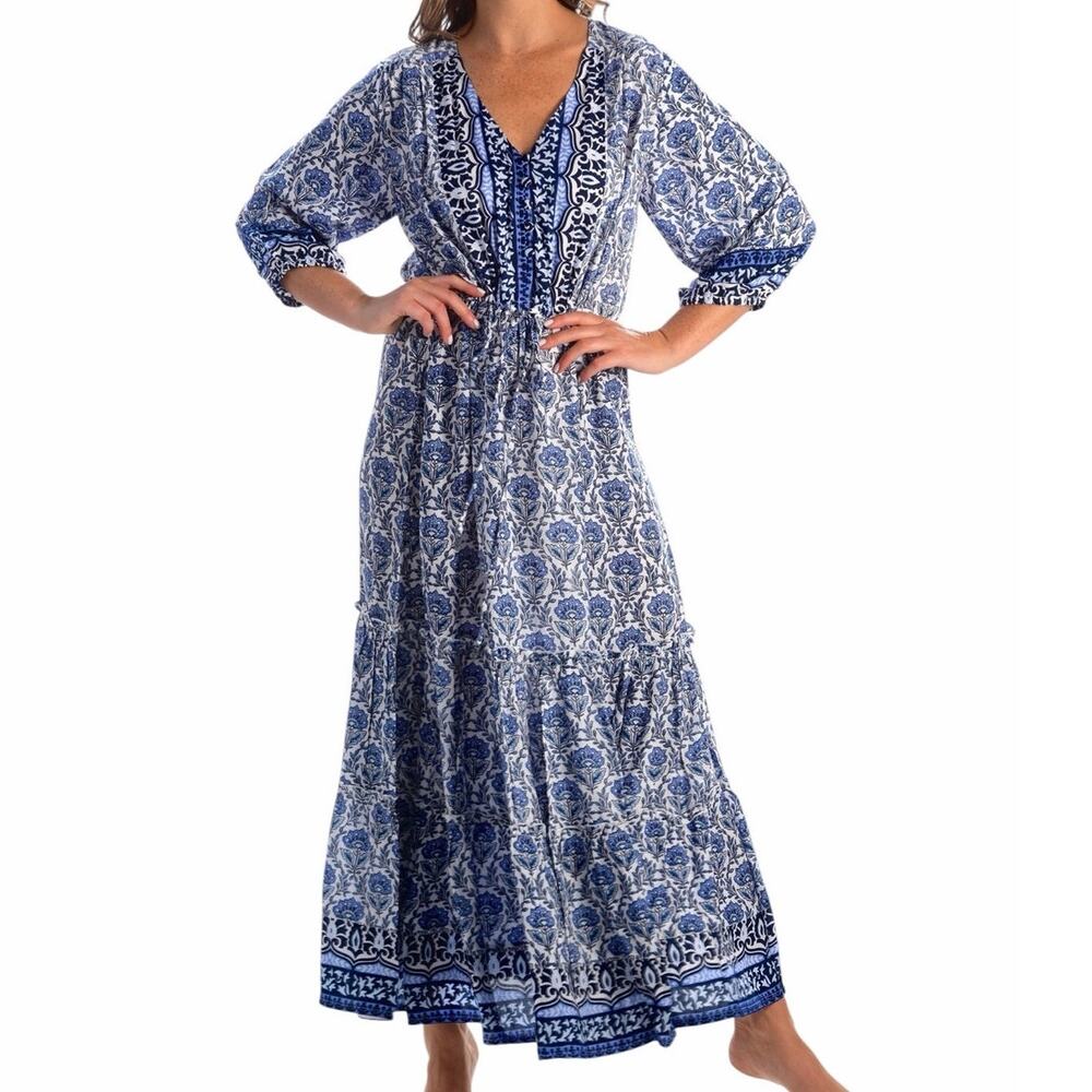 Walker & Wade Carrie Maxi Dress in Navy Floral Tiered Tie Waist Small